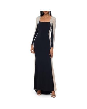 Xscape Evenings Crystal Contrast Long Sleeve Dress - Blue