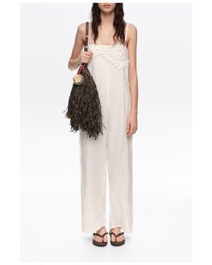 Bimba Y Lola Linen Crochet Neckline Jumpsuit - White