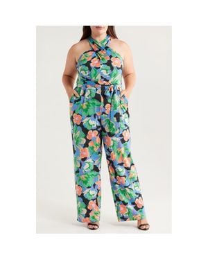Tahari Print Twist Neck Tie Waist Sleeveless Jumpsuit - Blue