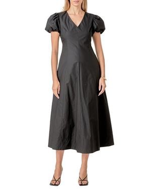 English Factory Puff Sleeve Fit & Flare Cotton Midi Dress - Black