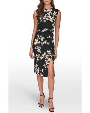 Donna Karan Floral Side Ruched Sheath Dress - Black