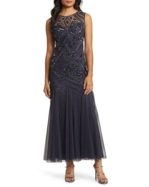 Pisarro Nights Geometric Beaded Sleeveless Gown - Blue