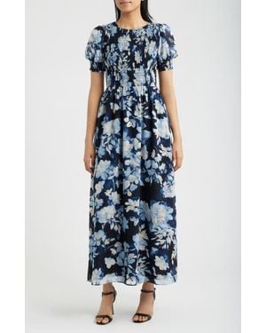 Anne Klein Smocked Puff Sleeve Maxi Dress - Blue