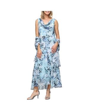 Alex Evenings Sleeveless Floral Print Burnout Chiffon Tea-Length Dress - Blue