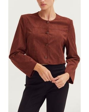 Crescent Faux Suede Collarless Cropped Jacket - Red