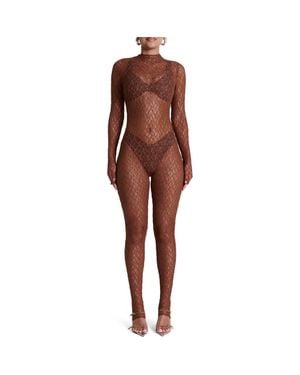 Naked Wardrobe Sheer Lace Long Sleeve Stirrup Jumpsuit - Red