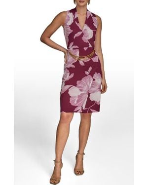 Donna Karan Floral Print Faux Wrap Sheath Dress - Red