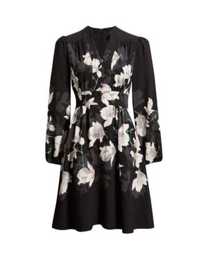 Tahari Placement Print Long Sleeve Dress - Black