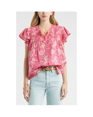 Treasure & Bond Floral Cotton Pintuck Flutter Sleeve Top - Red