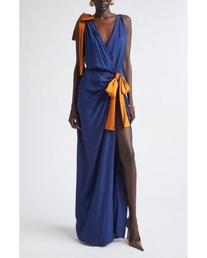 Saint Laurent Bow Detail Silk Satin Wrap Maxi Dress - Blue