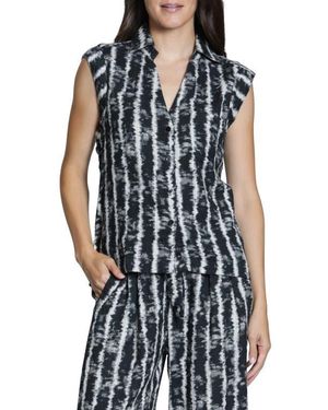 Apny Tie Dye Stripe Sleeveless Cotton Blend Button-Up Shirt - Blue
