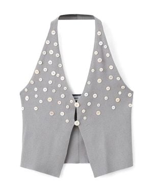 Mango Button Embellished Plunge Neck Halter Tank - Gray