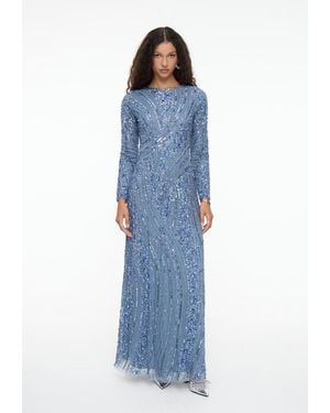 MARYISA Modest Embellished Sequin Beaded Dress Maxi With Elegant Design - Blue
