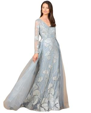 LARA New York Long Sleeve Lace Gown With Overskirt - Blue
