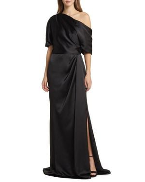 Amsale Gathered One-Shoulder Satin Gown - Black