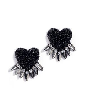Deepa Gurnani Danika Beaded Fringe Heart Stud Earrings - Black