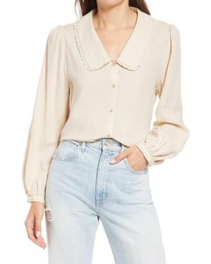 Treasure & Bond Ruffle Collar Cotton Button-Up Shirt - Blue