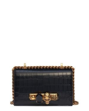 McQueen Alexander Jeweled Knuckle Croc Embossed Leather Crossbody Bag - Black