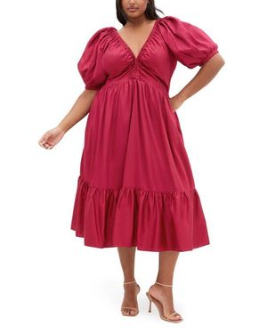City Chic Grace Puff Sleeve Midi Dress - Red