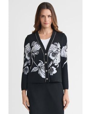 Ming Wang Heritage Chain Trim Floral Jacquard Knit Cardigan - Black