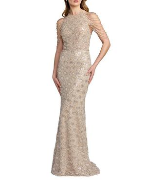 Mac Duggal Draped Pearl Beaded Embroidered Column Gown - Natural