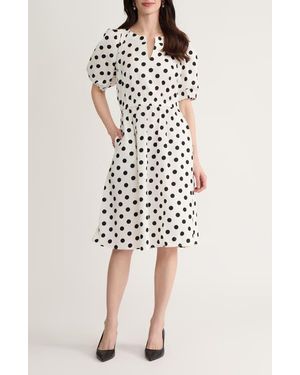 Kasper Polka Dot Puff Sleeve Stretch Cotton Dress - Natural