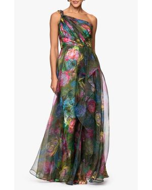 Xscape Evenings One-Shoulder Floral Organza Gown - Green