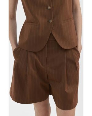 Mango Pleated Pinstripe Straight Fit Bermuda Shorts - Brown