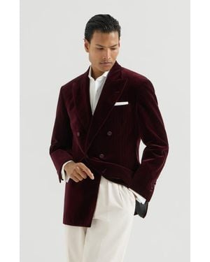 Brunello Cucinelli Cotton Chalk Stripe Velvet One-And-A-Half Breasted Tuxedo Jacket With Peak Lapels - Red