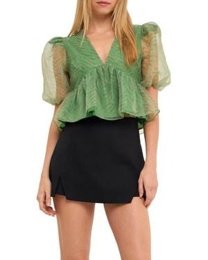Endless Rose Zebra Print Puff Sleeve Crop Top - Green
