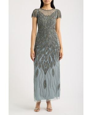 Pisarro Nights Beaded Cap Sleeve Column Gown - Green