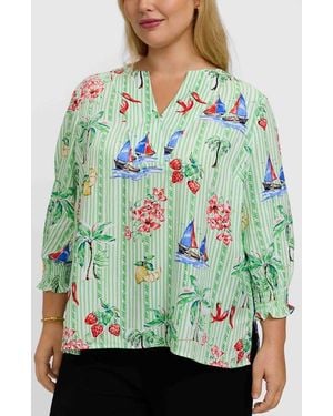 Foxcroft Alicia Resort Stripe Popover Top - Green