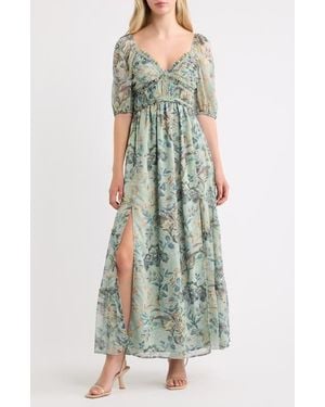 Lulus Madison Floral Ruffle Puff Sleeve Maxi Dress - Green