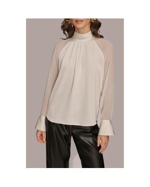 Donna Karan Pleated Sheer Sleeve Top - Natural