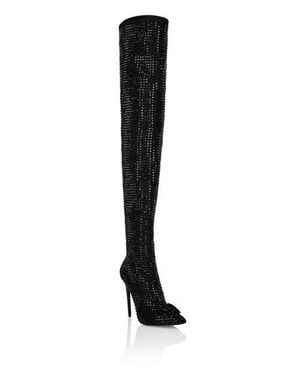 Philipp Plein Suede Strass Boots Hi-Heels Overknees Gothic Plein - Black