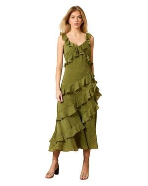 Oasis Dobby Ruffle V-Neck Tiered Midi Dress - Green