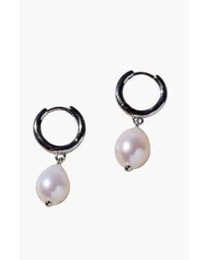 Nickel & Suede Pearl Drop Huggies - White