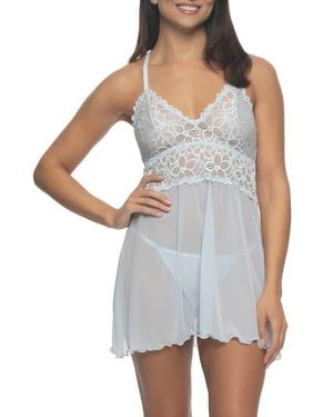 Black Bow Renee Racerback Chemise And G-String Panties - Blue