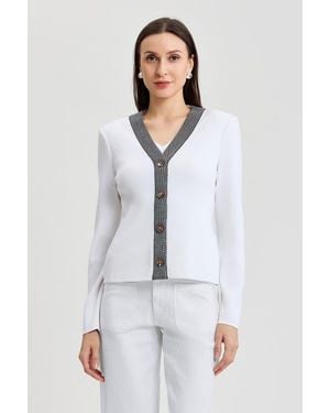 Ming Wang Family Savvy Contrast Trim Soft Knit Cardigan - White