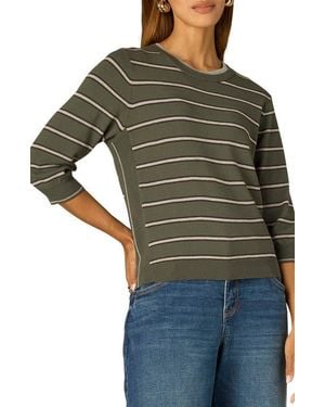 Wit & Wisdom Stripe Three Quarter Sleeve Crewneck Sweater - Green
