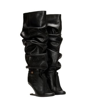 Balmain No Wedge Textured Leather Thigh-High Boots With Tassel - Black