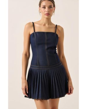 Modenaire Spaghetti Strap Pleated Denim Mini Dress - Blue