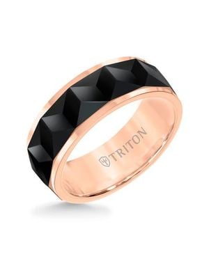 Triton 8Mm Tungsten Carbide Ring With Faceted Chevron Pattern And Bevel Edge - Black
