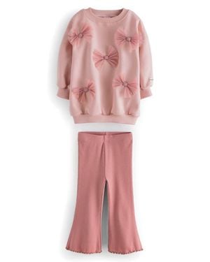 Next Kids' Bow Appliqué Sweatshirt & Rib Flare Leggings Set - Pink