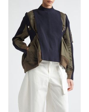 Sacai Mixed Media Bomber Jacket With Sweater Bib Overlay - Blue