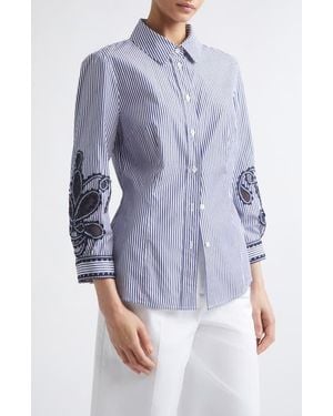 Carolina Herrera Ana Embroidered Stripe Cotton Button-Up Shirt - Purple