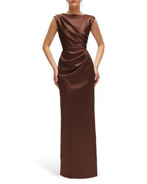 After Six Pleated Cap Sleeve Charmeuse Gown - Brown
