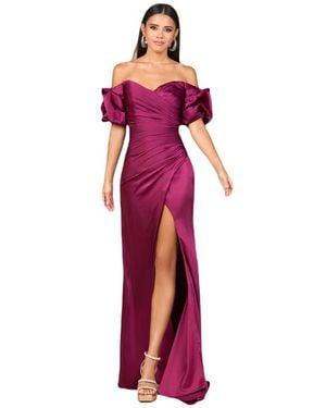 LARA New York Off Shoulder Satin Dress With Slit - Red