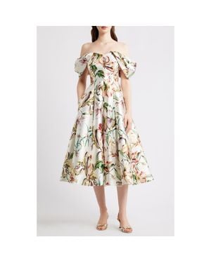 Eliza J Off-Th-Shoulder Floral Midi Dress - White