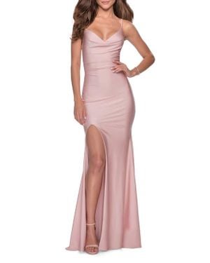 La Femme Form Fitting Jersey Prom Dress With Draped Neckline - Red